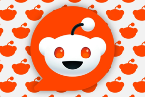 large Reddit logo overlaying background of smaller logo silhouettes