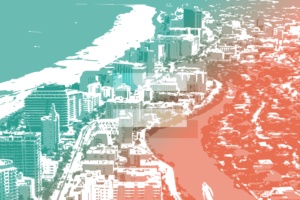 An illustration of Miami showing the beach in a green and orange motif