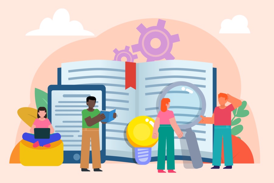Group of people stand near big book, e-reader. Flat design vector illustration. Poster for social media, web page, banner, presentation