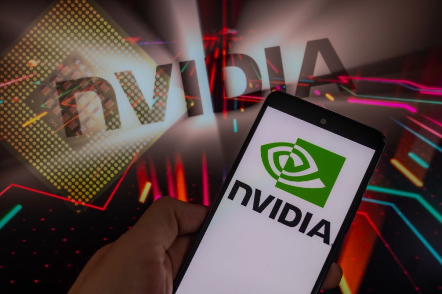 NVIDIA logo displayed on a smart phone with NVIDIA seen on screen, in this photo illustration, on 14 August 2023 in Brussels, Belgium. (Photo illustration by Jonathan Raa/NurPhoto via Getty Images)