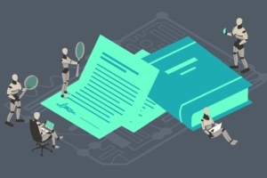 Robots work on a contract and review a legal book to illustrate AI usage in law.