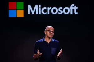 Satya Nadella, chief executive officer of Microsoft Corp., speaks during a Microsoft product event in New York, U.S., on Wednesday, Oct. 2, 2019. Microsoft unveiled a dual-screen, foldable phone that will run on Google's Android operating system, jumping back into a market it exited years ago. Photographer: Mark Kauzlarich/Bloomberg via Getty Images