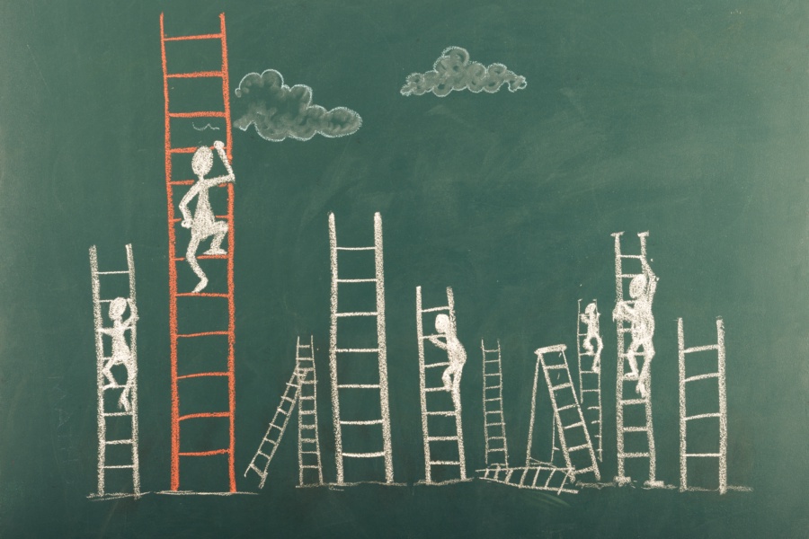 Image of stick figures climbing ladders to represent career moves.