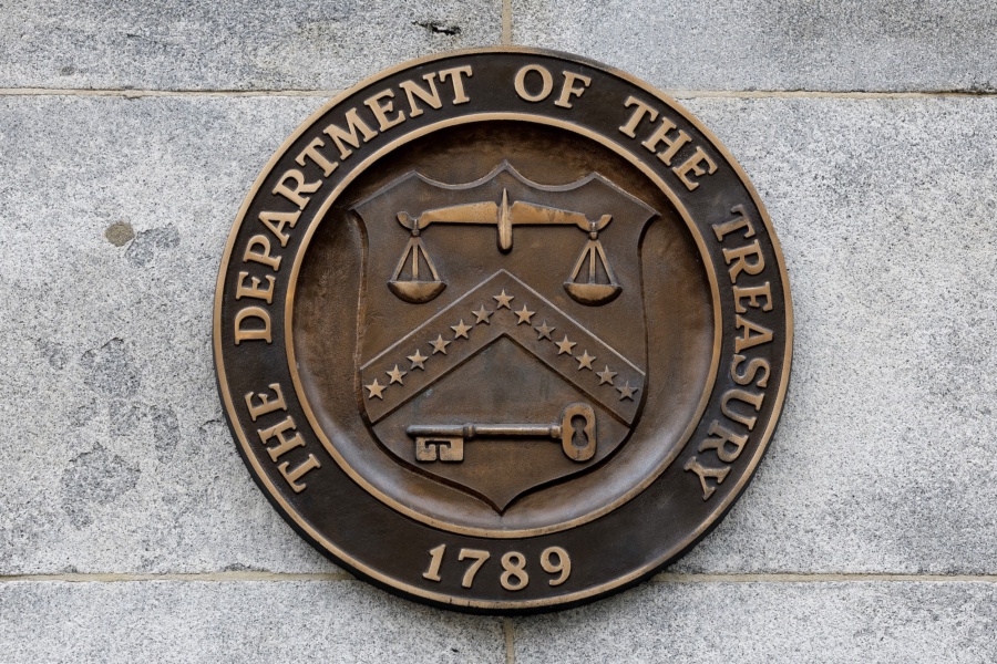 WASHINGTON, DC - MARCH 13: A seal on the exterior of the U.S. Department of Treasury building is seen as they joined other government financial institutions to bail out Silicon Valley Bank's account holders after it collapsed on March 13, 2023 in Washington, DC. U.S. President Joe Biden tried to assure the public that the U.S. banking industry was safe following SVB's collapse and after New York regulators' forced closure of Signature Bank. (Photo by Chip Somodevilla/Getty Images)