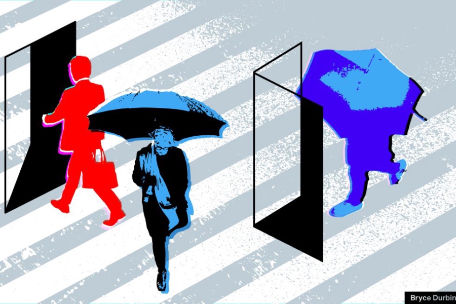 Image of workers walking in and out of doors representing tech layoffs in 2023
