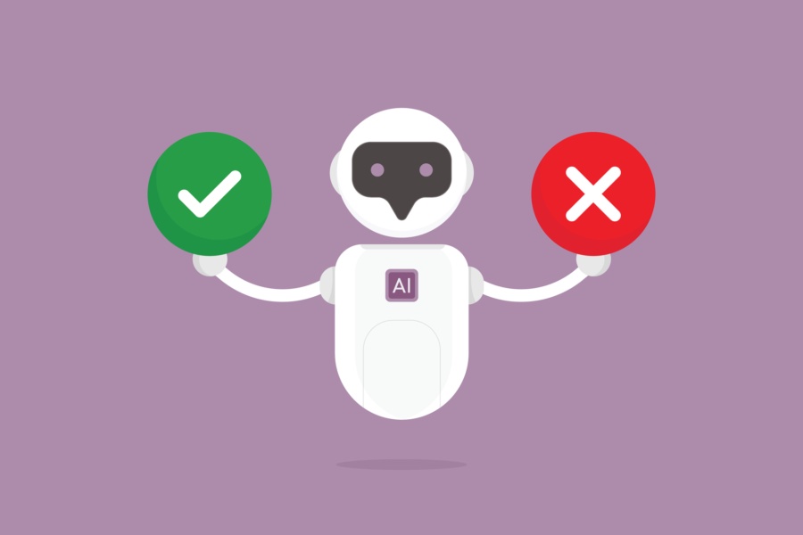 Robot holds a green check mark and red x on a purple background.