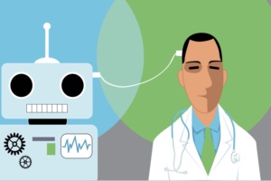 Doctor and robot connected with a wire,