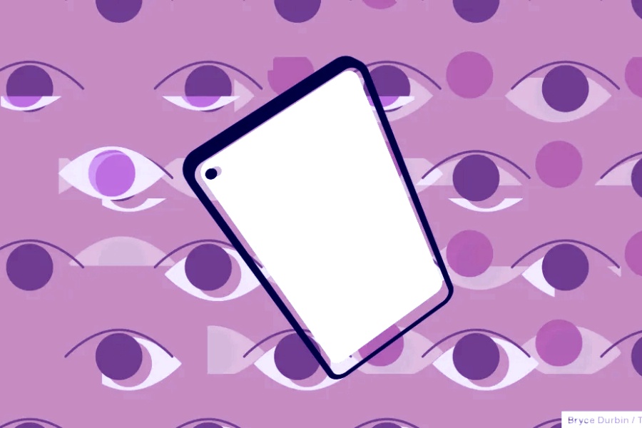 An illustration showing an Android cellphone and creepy eyes in the background. (Image: Bryce Durbin/TechCrunch)