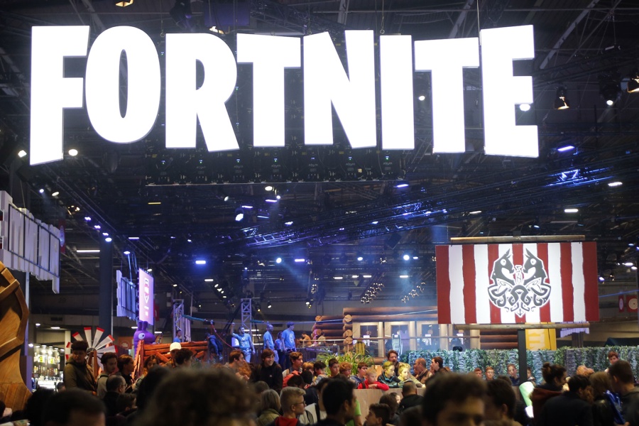 PARIS, FRANCE - OCTOBER 26: The logo of the video game 'Fortnite' developed by Epic Games is displayed during the 'Paris Games Week' on October 26, 2018 in Paris, France. 'Paris Games Week' is an international trade fair for video games and runs from October 26 to 31, 2018. (Photo by Chesnot/Getty Images)