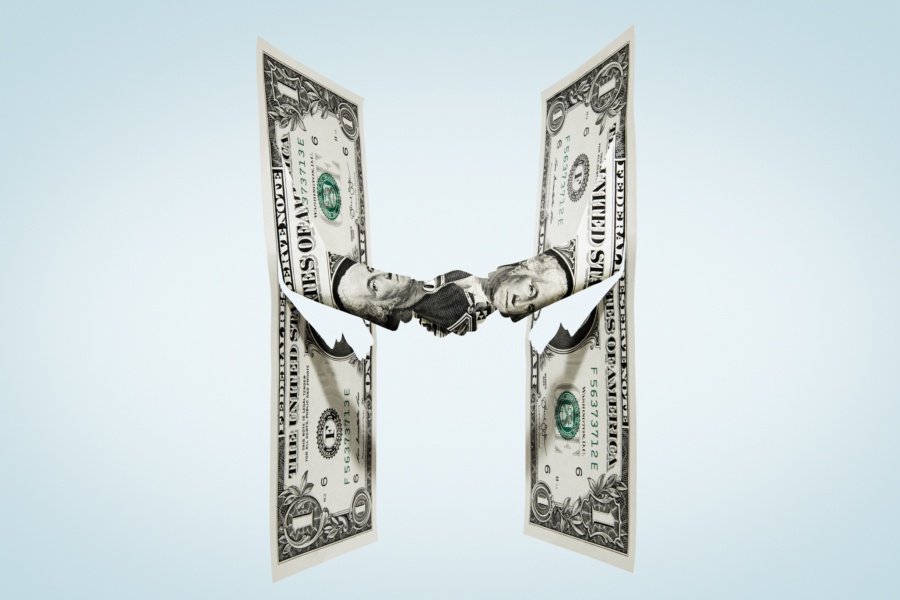 illustration of two dollar bills shaking hands