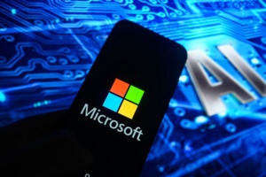 POLAND - 2025/02/24: In this photo illustration, a Microsoft logo is displayed on a smartphone with Artificial Intelligence (AI) symbols on the background. (Photo Illustration by Omar Marques/SOPA Images/LightRocket via Getty Images)