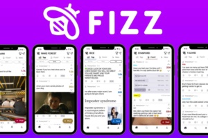 Fizz logo and sample images of app on 5 mobile phones