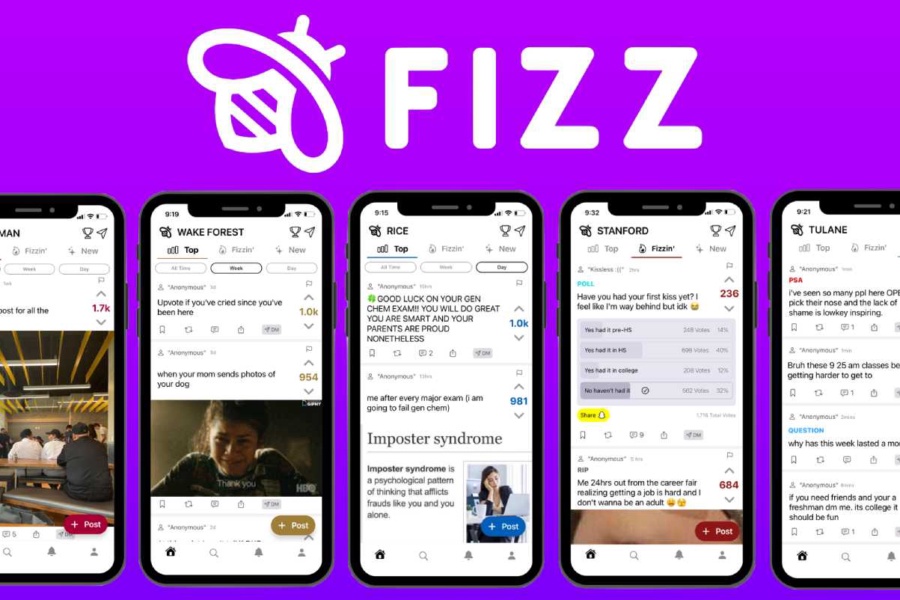 Fizz logo and sample images of app on 5 mobile phones
