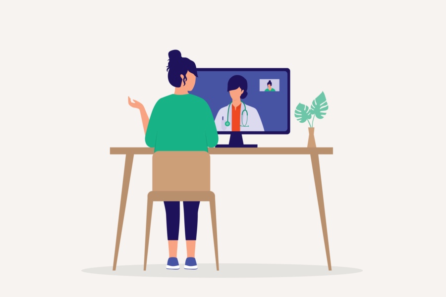 Back View Of A Young Woman Sitting On Desktop With Computer Making Video Call With Her Doctor While Staying At Home. Full Length, Isolated On Plain Color Background. Vector, Illustration, Flat Design, Character.