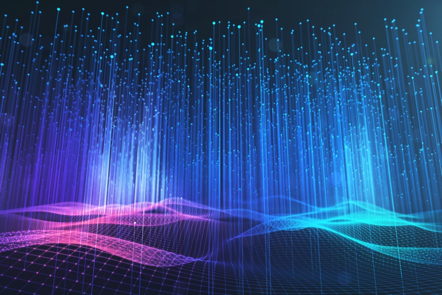 Abstract image of big data wave and information vertical line dots on a dark background.