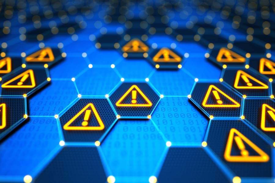 Futuristic digital technological background with hexagonal elements, yellow glowing warning signs and binary code. Encryption your data. Big data security. Safe your data. Cyber internet security and privacy concept.
