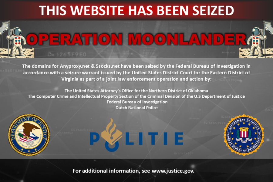 A screenshot of the seizure notice on the websites of 5Socks and Anyproxy, two services selling access to a botnet of hacked internet-connected devices. (Image: Screenshot/TechCrunch)