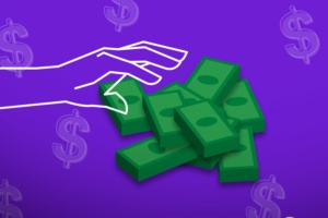a white outlined hand grabbing piles of illustrated cash on a purple background with dollar signs