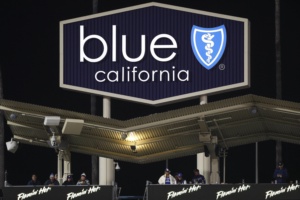 LOS ANGELES, CA - MARCH 31: General view of an advertisement billboard for Blue Shield of California during a regular season game between the Arizona Diamondbacks and Los Angeles Dodgers on March 31, 2023, at Dodger Stadium in Los Angeles, CA. (Photo by Brandon Sloter/Icon Sportswire via Getty Images)