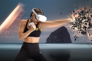 A woman wearing a headset doing a boxing workout in VR