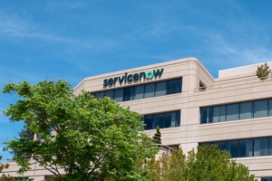 Low-angle view of facade with sign and logo at office of cloud computing company ServiceNow in Pleasanton, California, July 2, 2019. (Photo by Smith Collection/Gado/Getty Images)